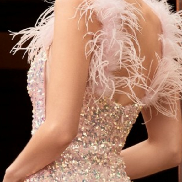 Sheath sequin feathered formal evening gown in opal blush pink - Picture 5 of 6